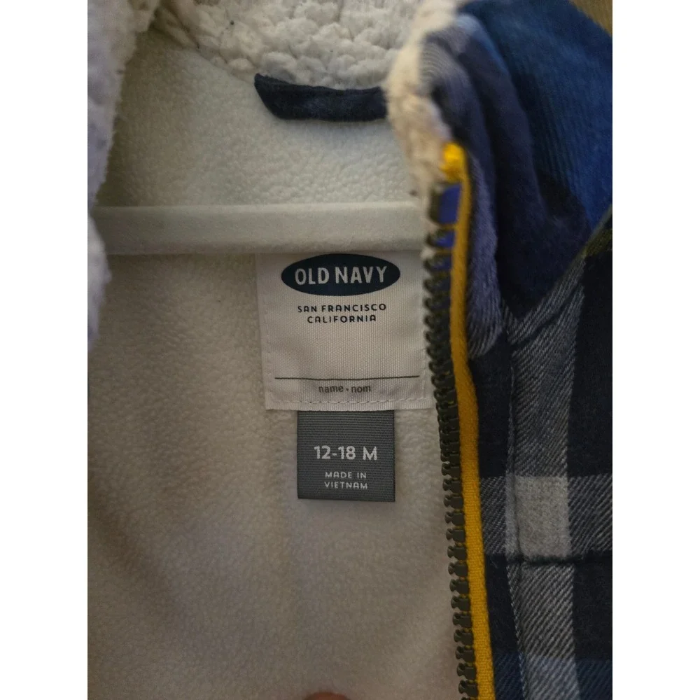 Old Navy Kids Blue Yellow Plaid Sherpa Lined Puffer Vest 12-18 Months